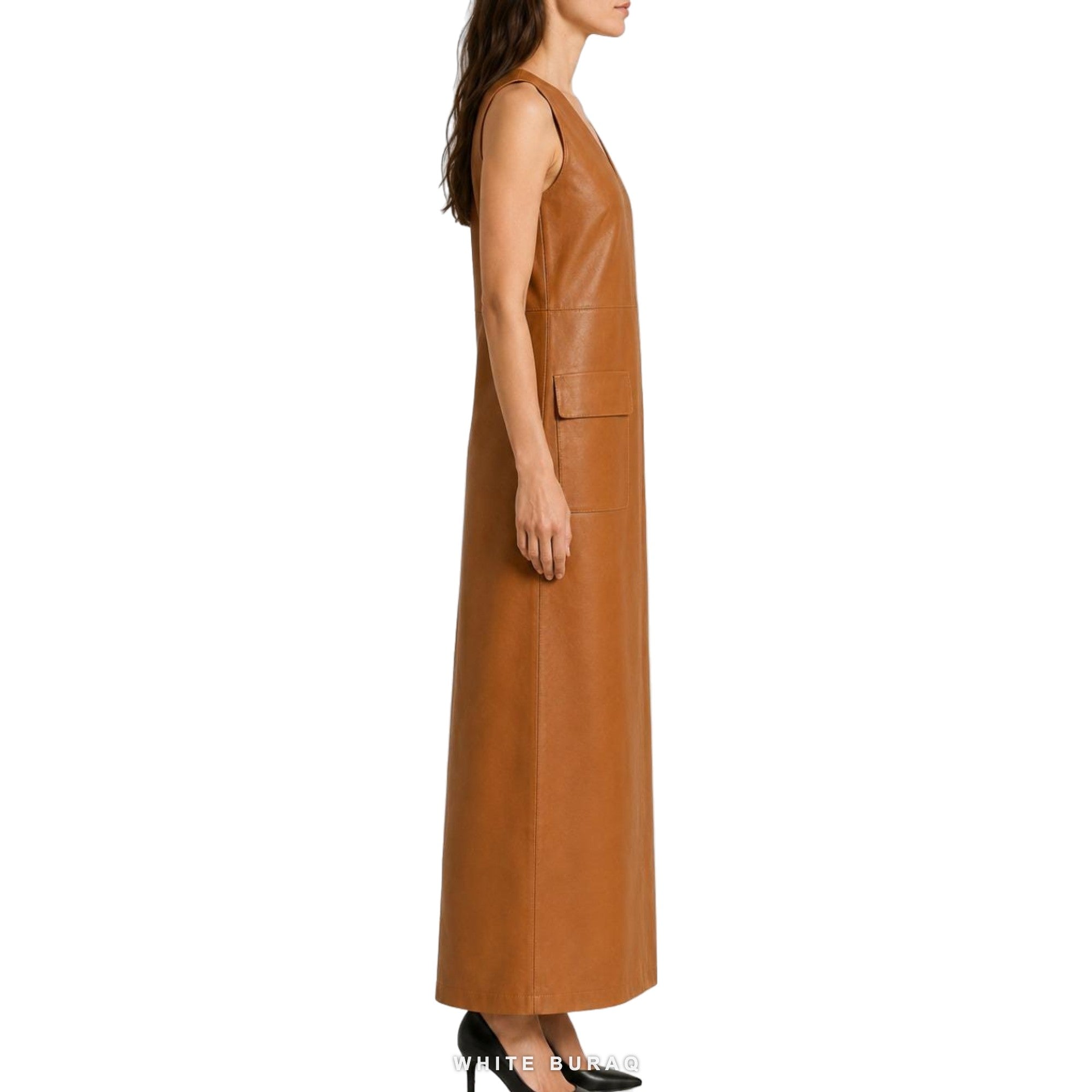 Women's Cognac Leather V-Neck Maxi Tank Dress – view 4