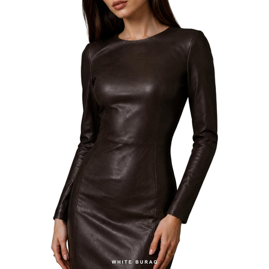 Women's Dark Brown Leather Long-Sleeve Pencil Dress – view 2