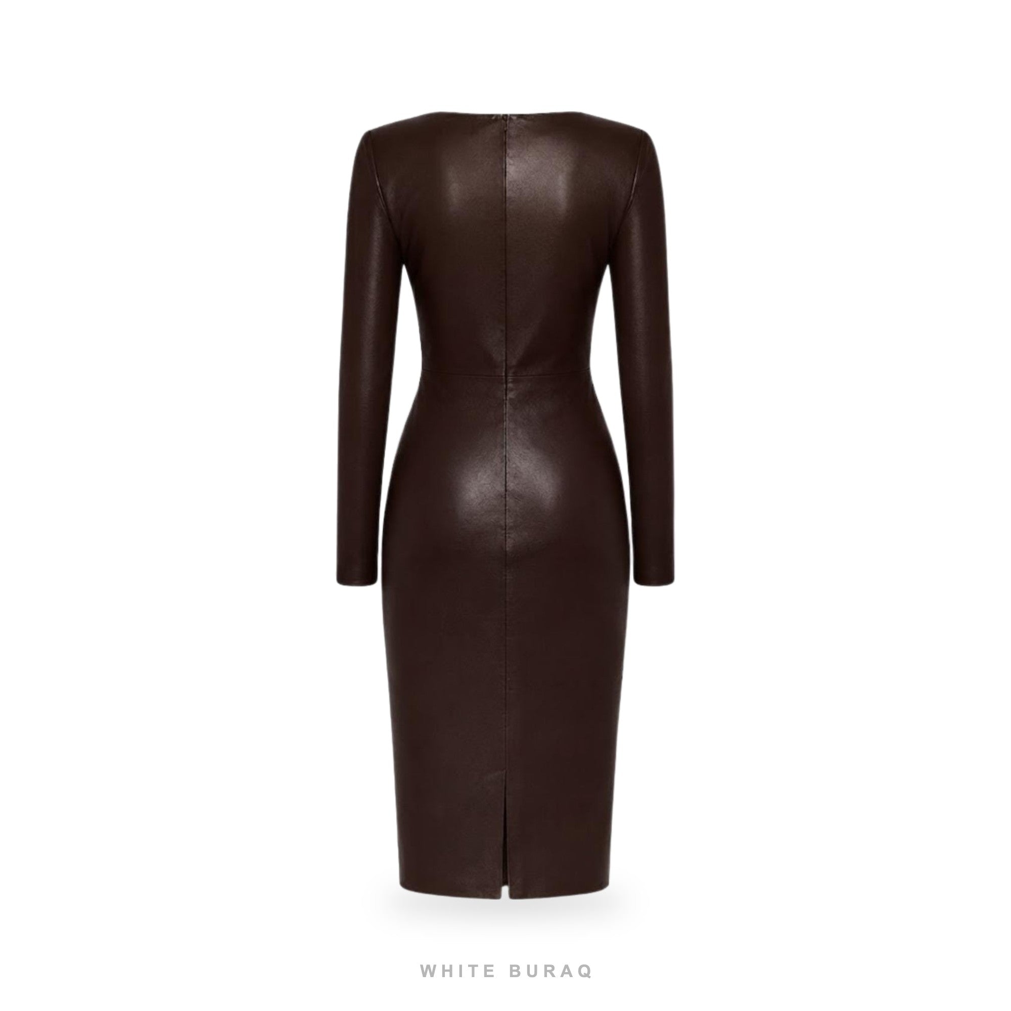 Women's Dark Brown Leather Long-Sleeve Pencil Dress – view 3