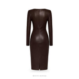Women's Dark Brown Leather Long-Sleeve Pencil Dress – view 3