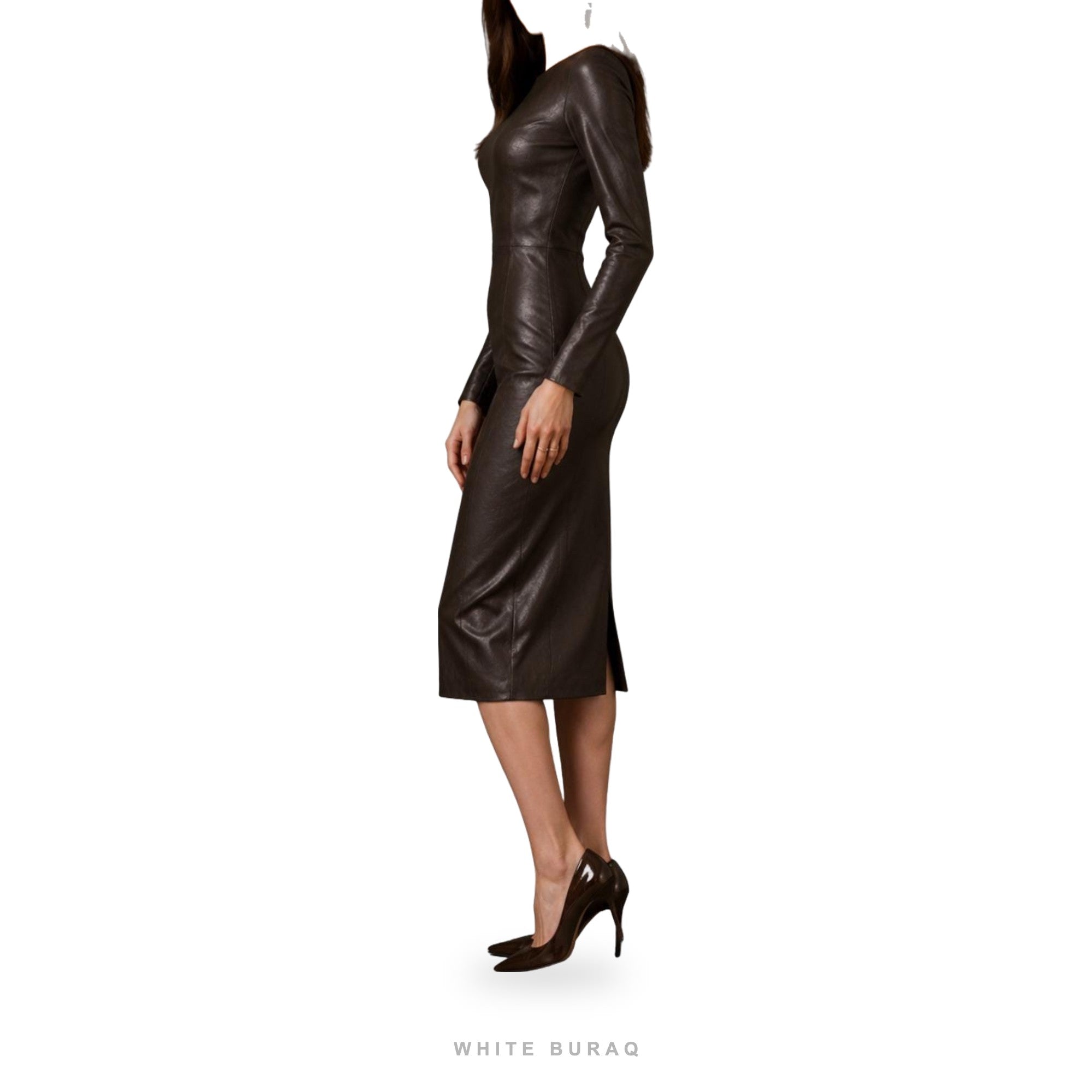 Women's Dark Brown Leather Long-Sleeve Pencil Dress – view 4