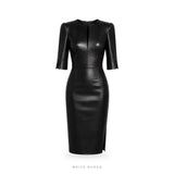 Women's Black Leather Split-Neck Pencil Midi Dress