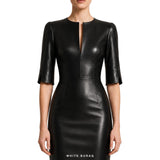 Women's Black Leather Split-Neck Pencil Midi Dress – view 2