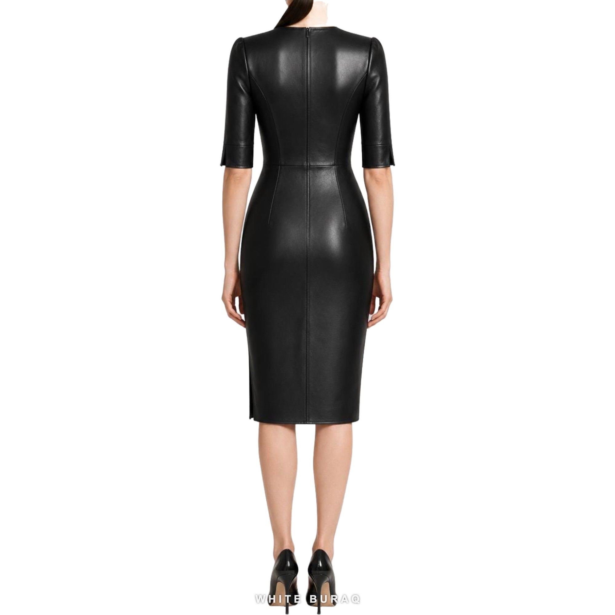 Women's Black Leather Split-Neck Pencil Midi Dress – view 3