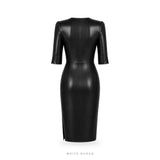 Women's Black Leather Split-Neck Pencil Midi Dress – view 4