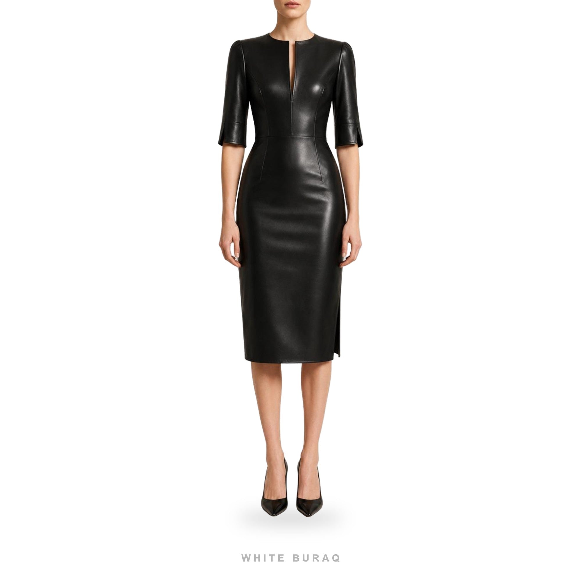 Women's Black Leather Split-Neck Pencil Midi Dress – view 6