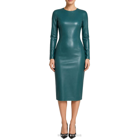 Women's Deep Teal Leather Long-Sleeve Pencil Dress – view 2