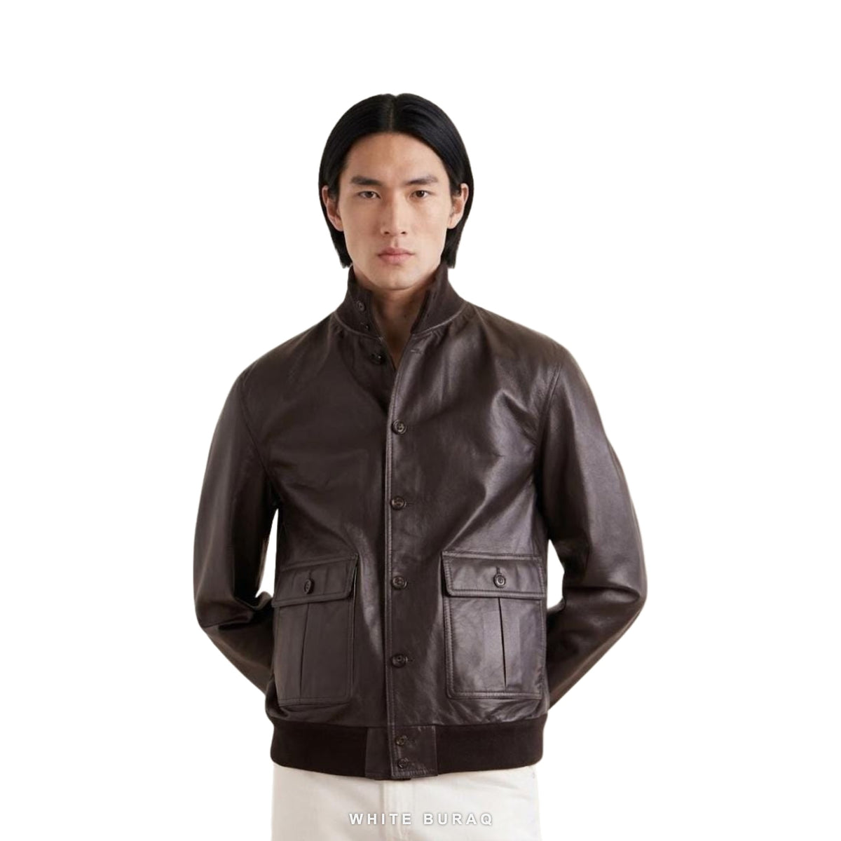 Men's Dark Brown Sheepskin High-Neck Bomber Jacket