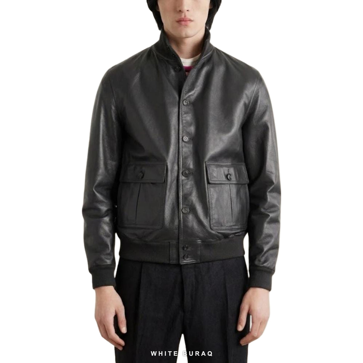 Men's Black Sheepskin High-Neck Bomber Jacket