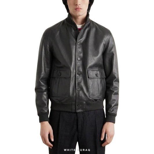 Men's Black Sheepskin High-Neck Bomber Jacket