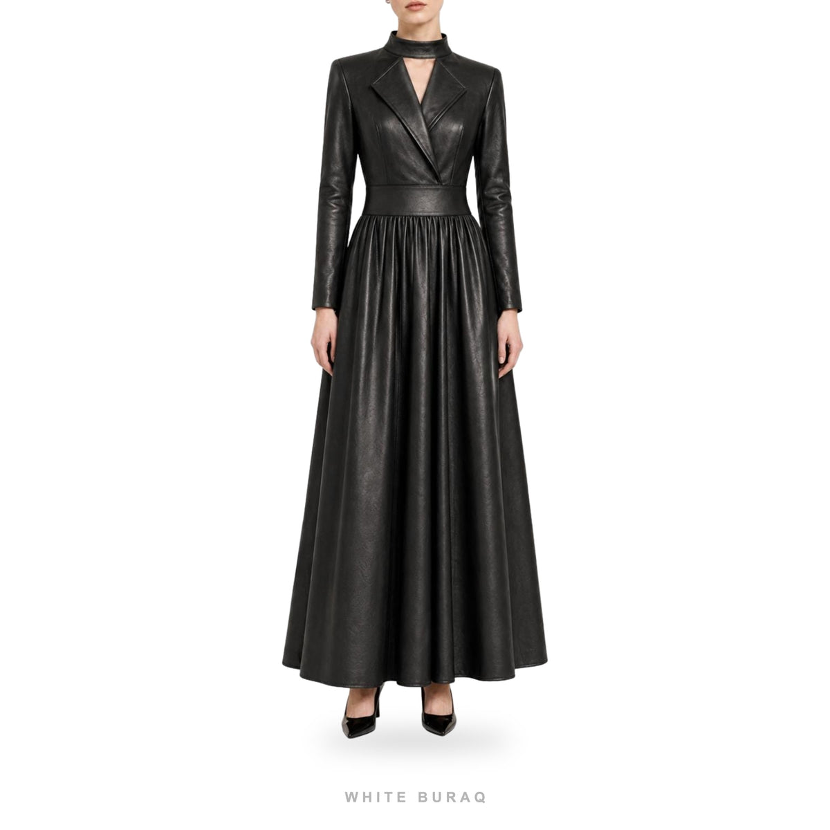 Women's Black Leather Choker-Neck A-Line Maxi Dress