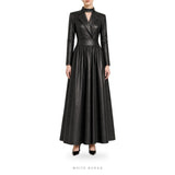 Women's Black Leather Choker-Neck A-Line Maxi Dress