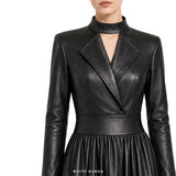 Women's Black Leather Choker-Neck A-Line Maxi Dress – view 2