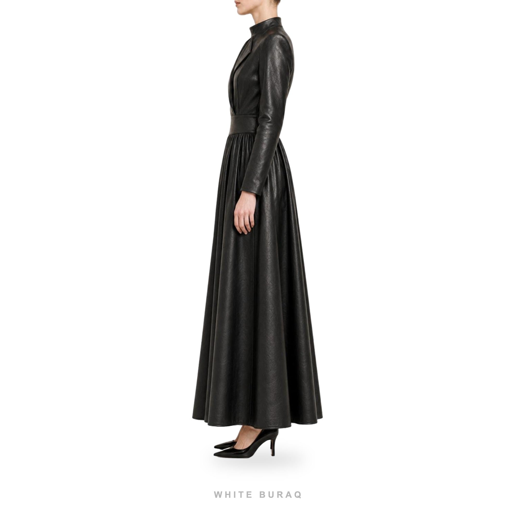 Women's Black Leather Choker-Neck A-Line Maxi Dress – view 4