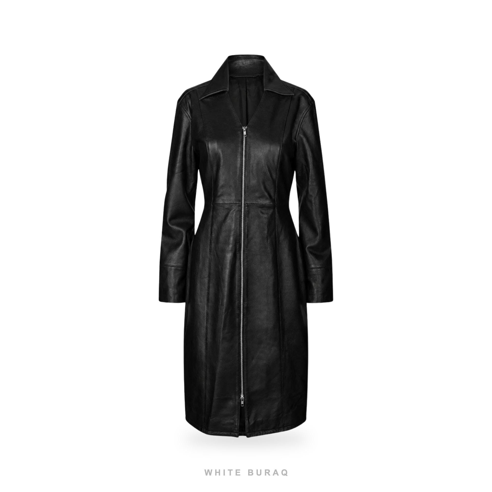 Women's Black Leather Zip-Front Midi Shirt Dress
