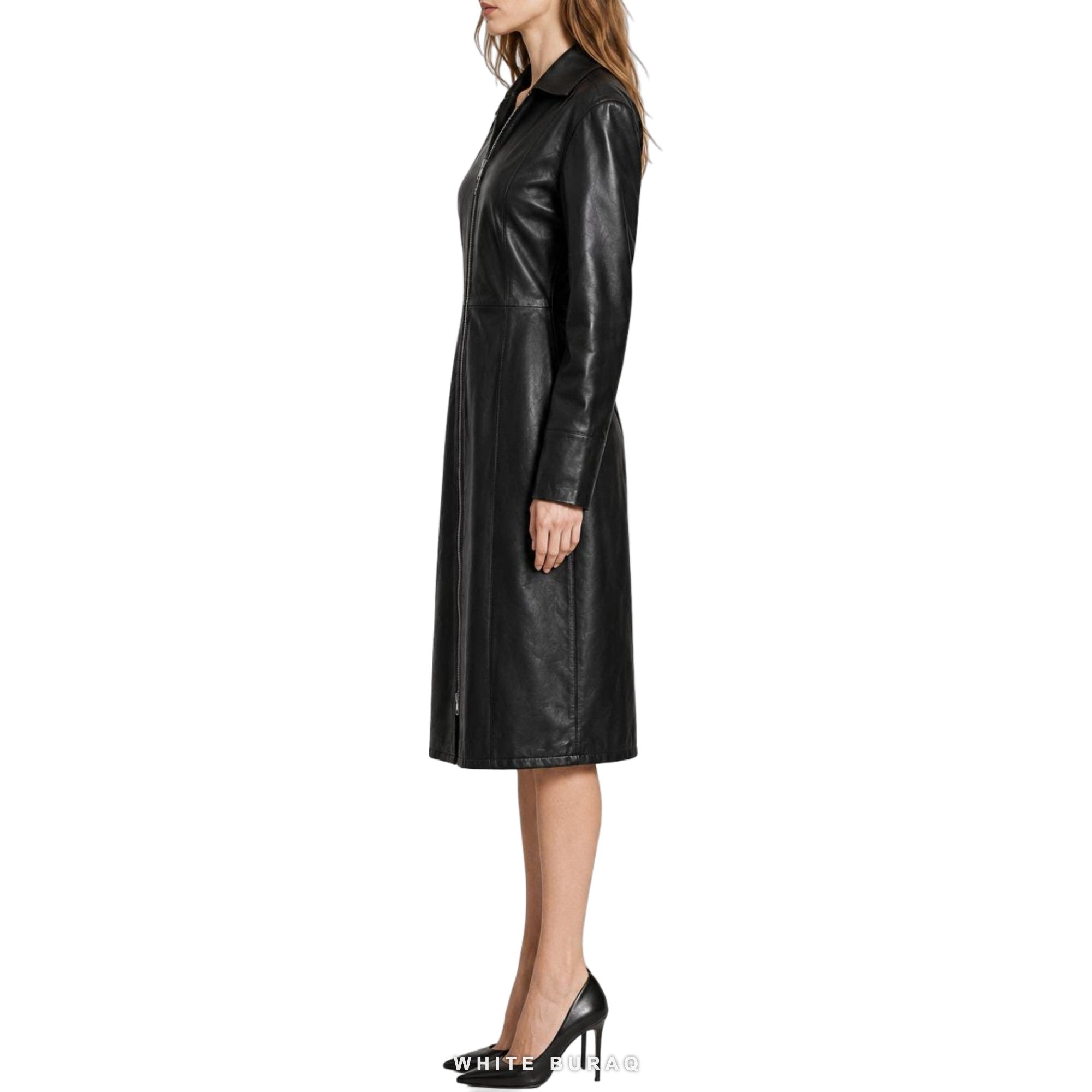 Women's Black Leather Zip-Front Midi Shirt Dress – view 2