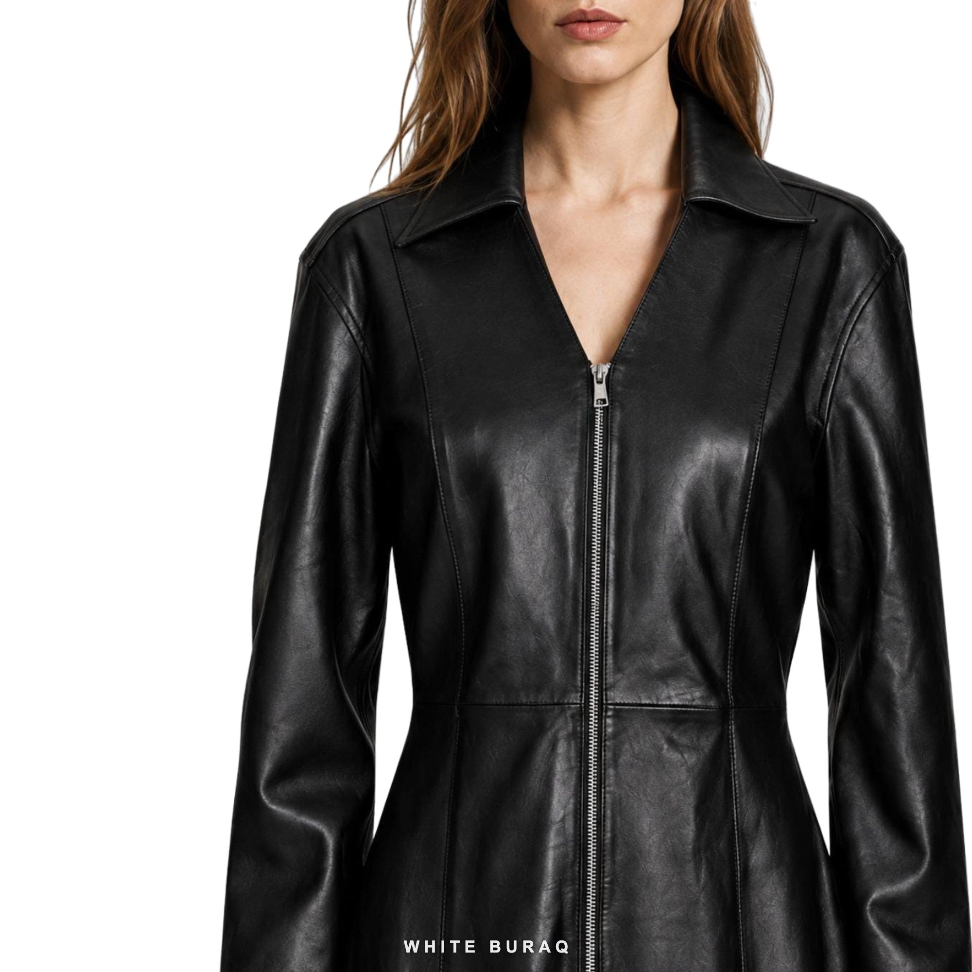 Women's Black Leather Zip-Front Midi Shirt Dress – view 6