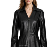 Women's Black Leather Zip-Front Midi Shirt Dress – view 6
