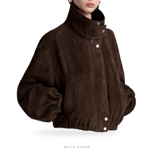 Women's Dark Brown Suede Oversized Funnel-Neck Bomber – view 2