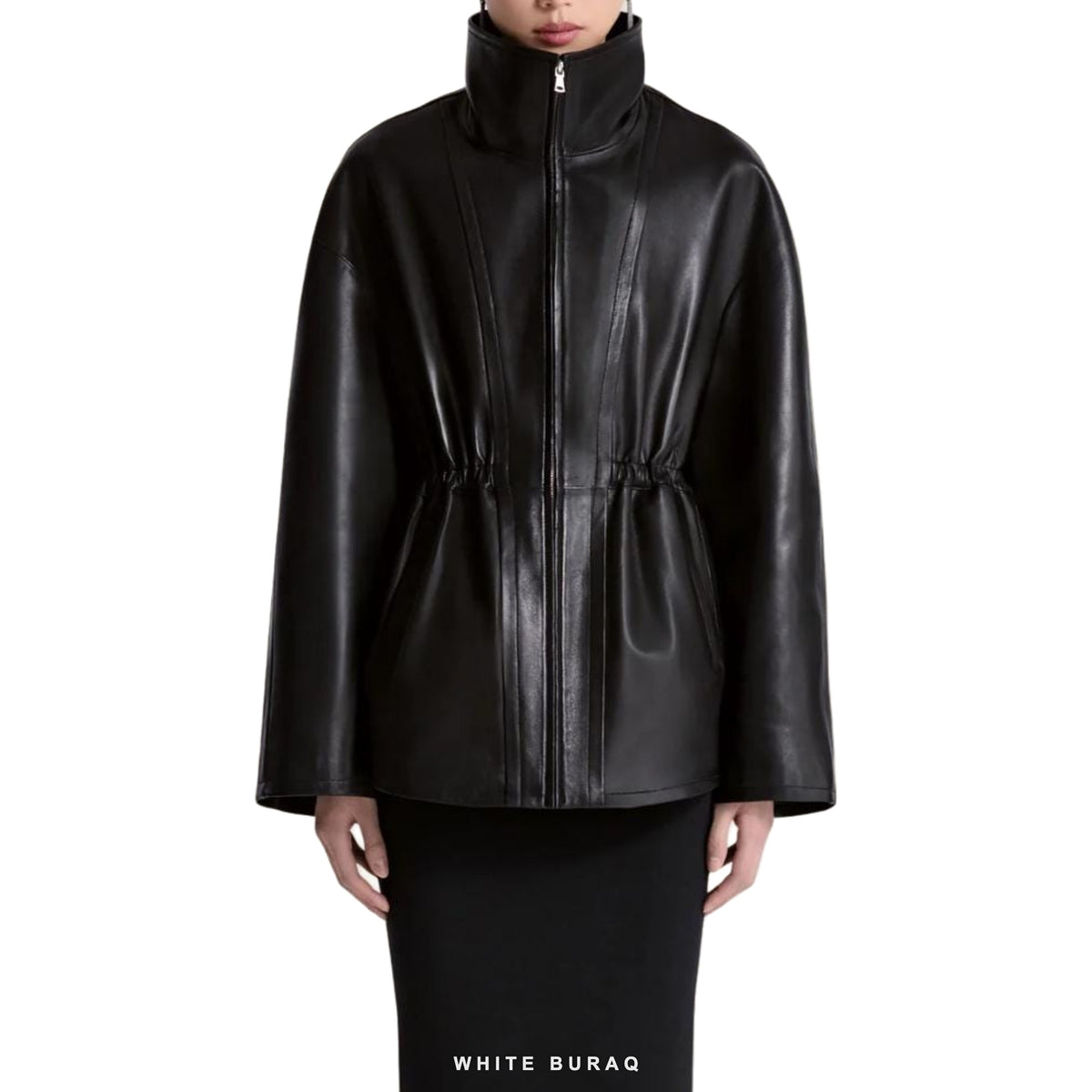 Women's Black Lambskin Funnel-Neck Drawstring Jacket