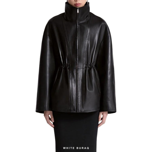 Women's Black Lambskin Funnel-Neck Drawstring Jacket