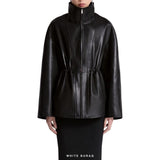 Women's Black Lambskin Funnel-Neck Drawstring Jacket