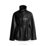 Women's Black Lambskin Funnel-Neck Drawstring Jacket – view 4