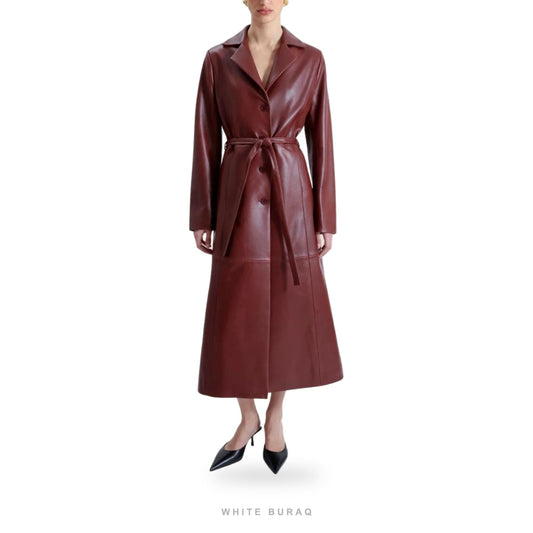Women's Burgundy Leather A-Line Long Coat
