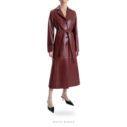 Women's Burgundy Leather A-Line Long Coat – view 2