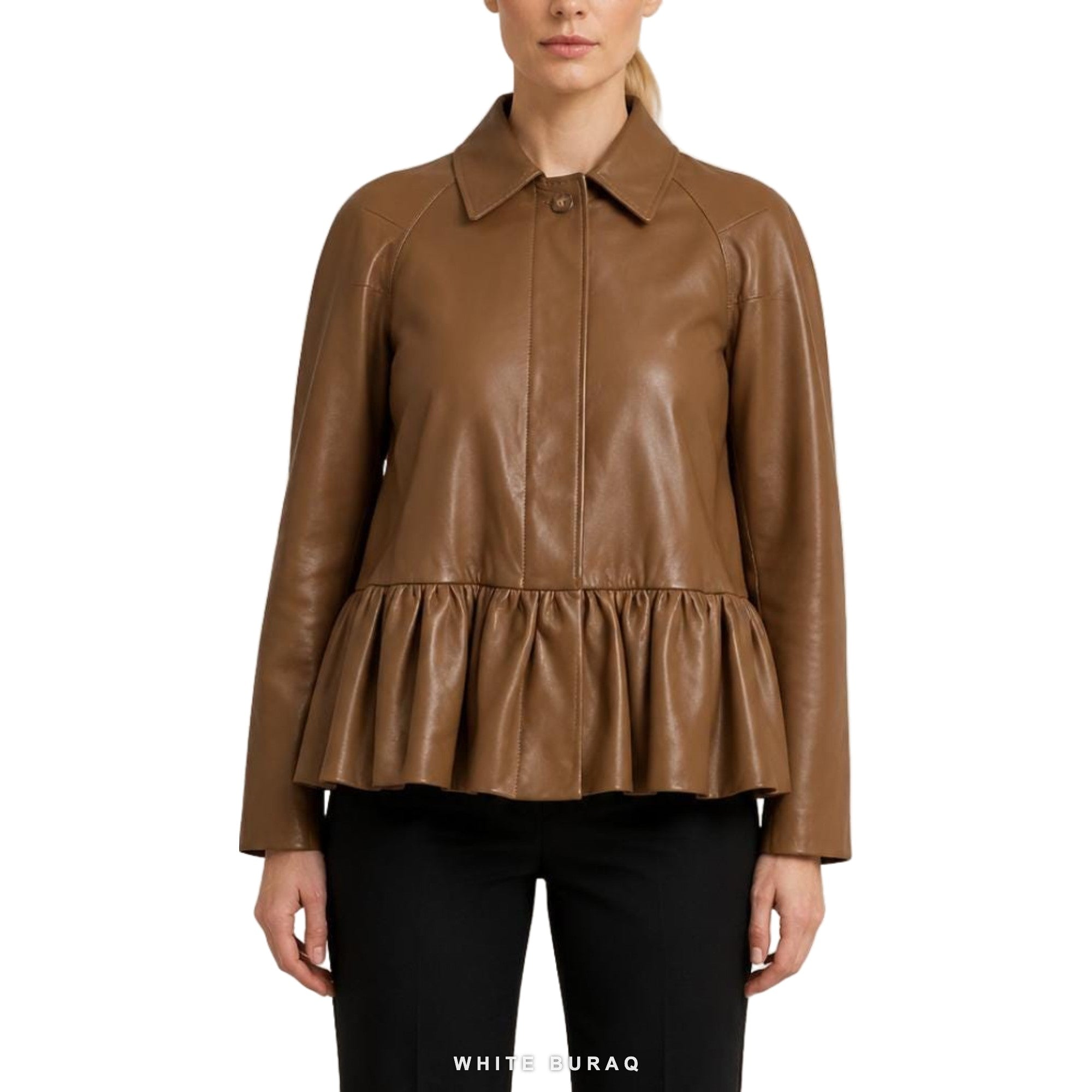 Women's Caramel Leather Ruffled Peplum Jacket