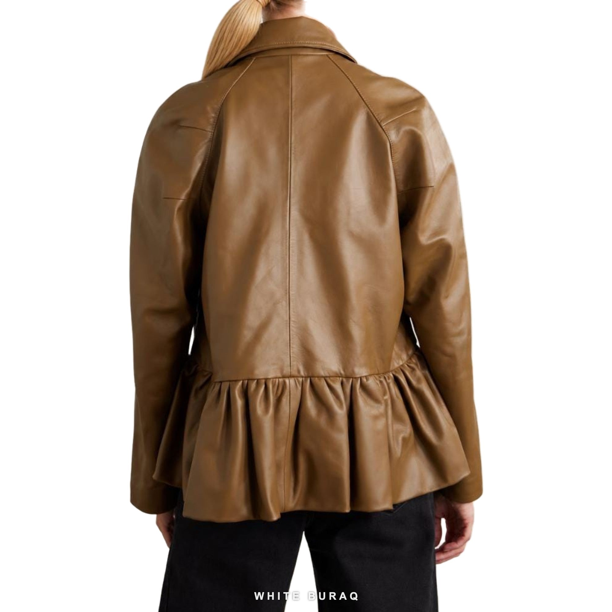 Women's Caramel Leather Ruffled Peplum Jacket – view 3