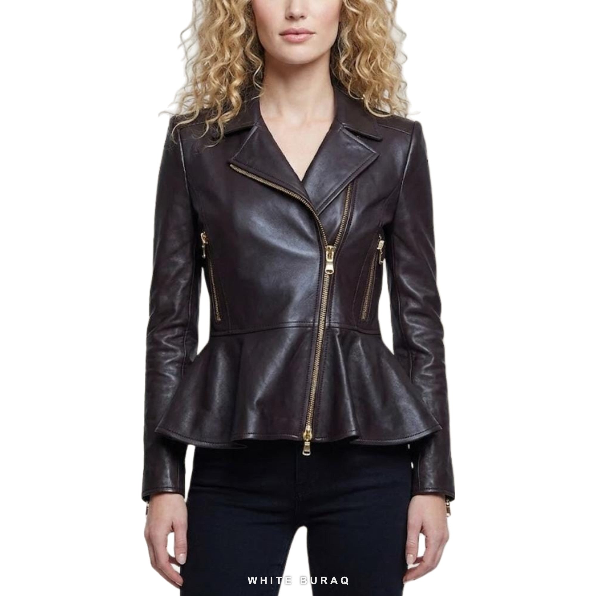 Women's Espresso Lambskin Peplum Biker with Gold Zips