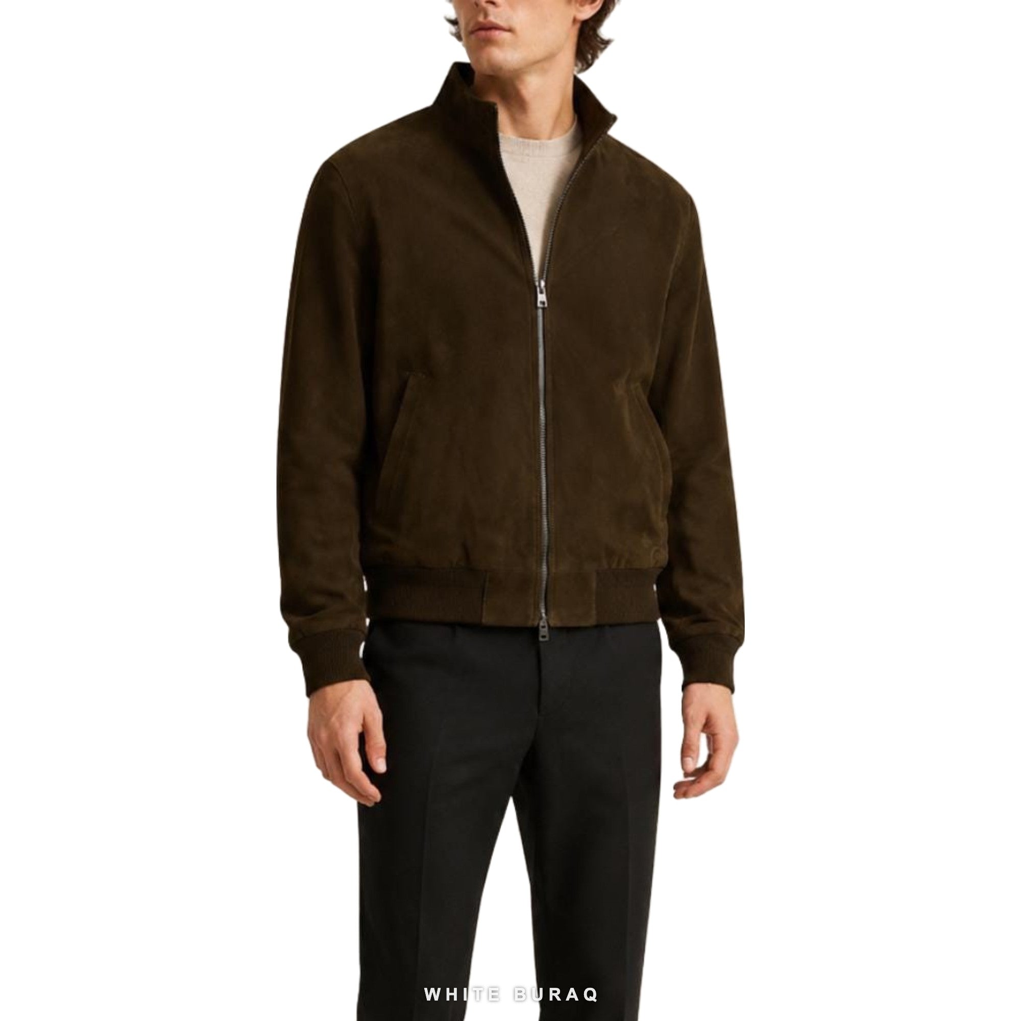 Men's Dark Brown Suede High-Neck Bomber