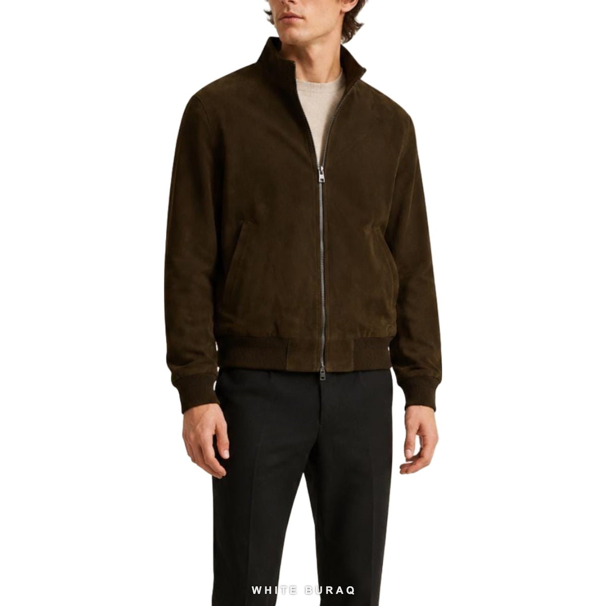 Men's Dark Brown Suede High-Neck Bomber