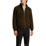 Men's Dark Brown Suede High-Neck Bomber