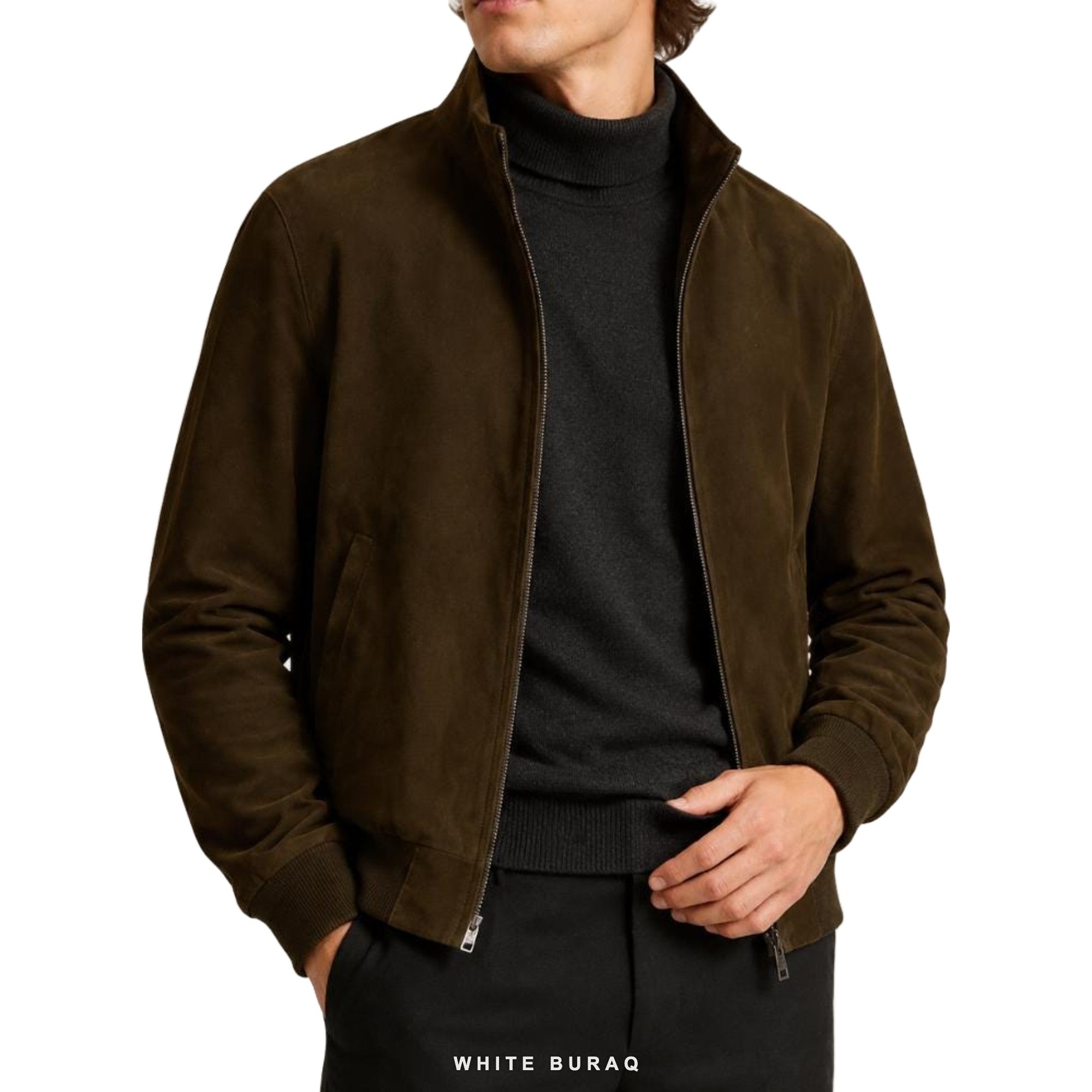 Men's Dark Brown Suede High-Neck Bomber – view 2