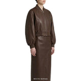 Women's Brown Leather Balloon-Sleeve Cropped Bomber – view 3