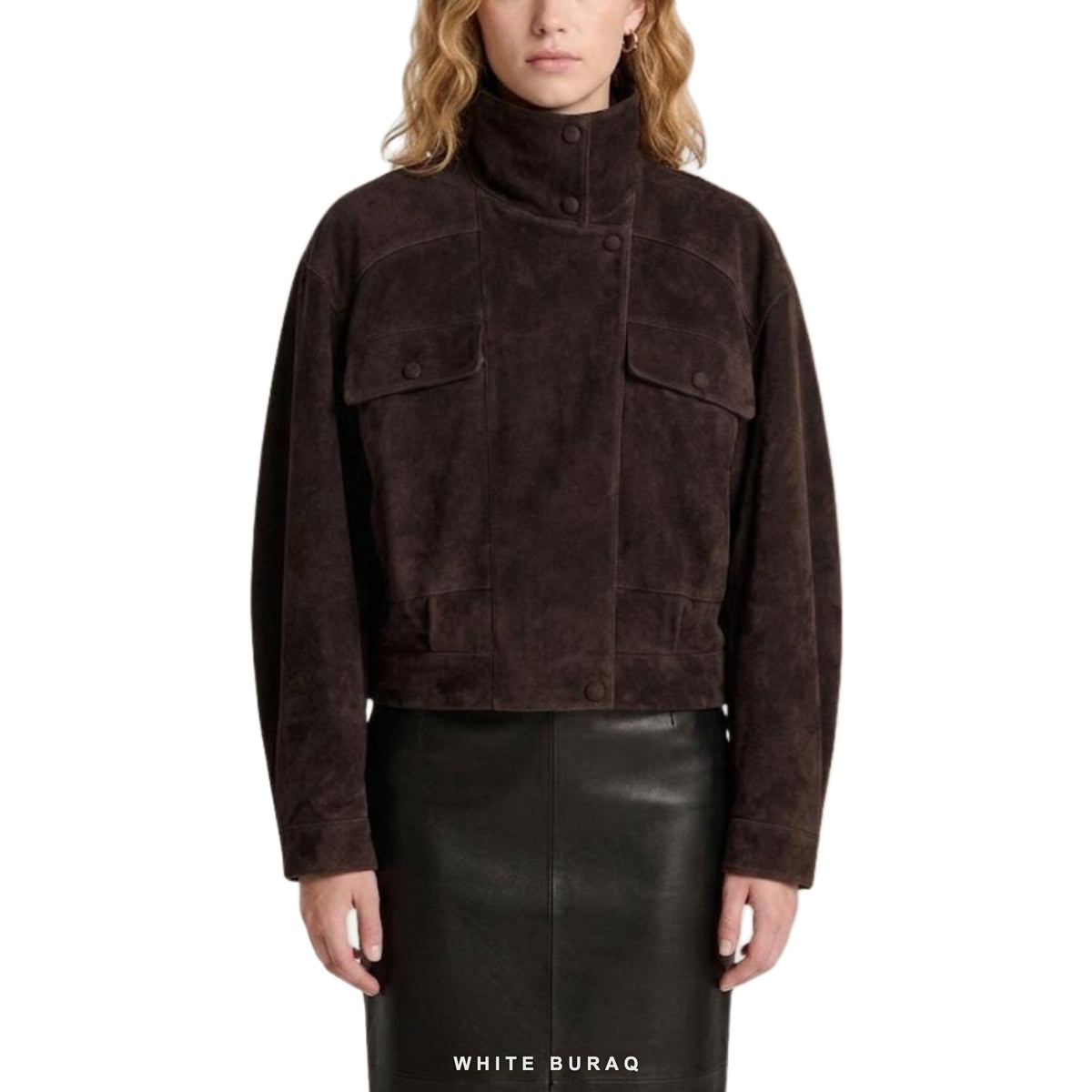Women's Dark Brown Suede Funnel-Collar Utility Jacket