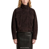 Women's Dark Brown Suede Funnel-Collar Utility Jacket