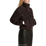 Women's Dark Brown Suede Funnel-Collar Utility Jacket – view 2