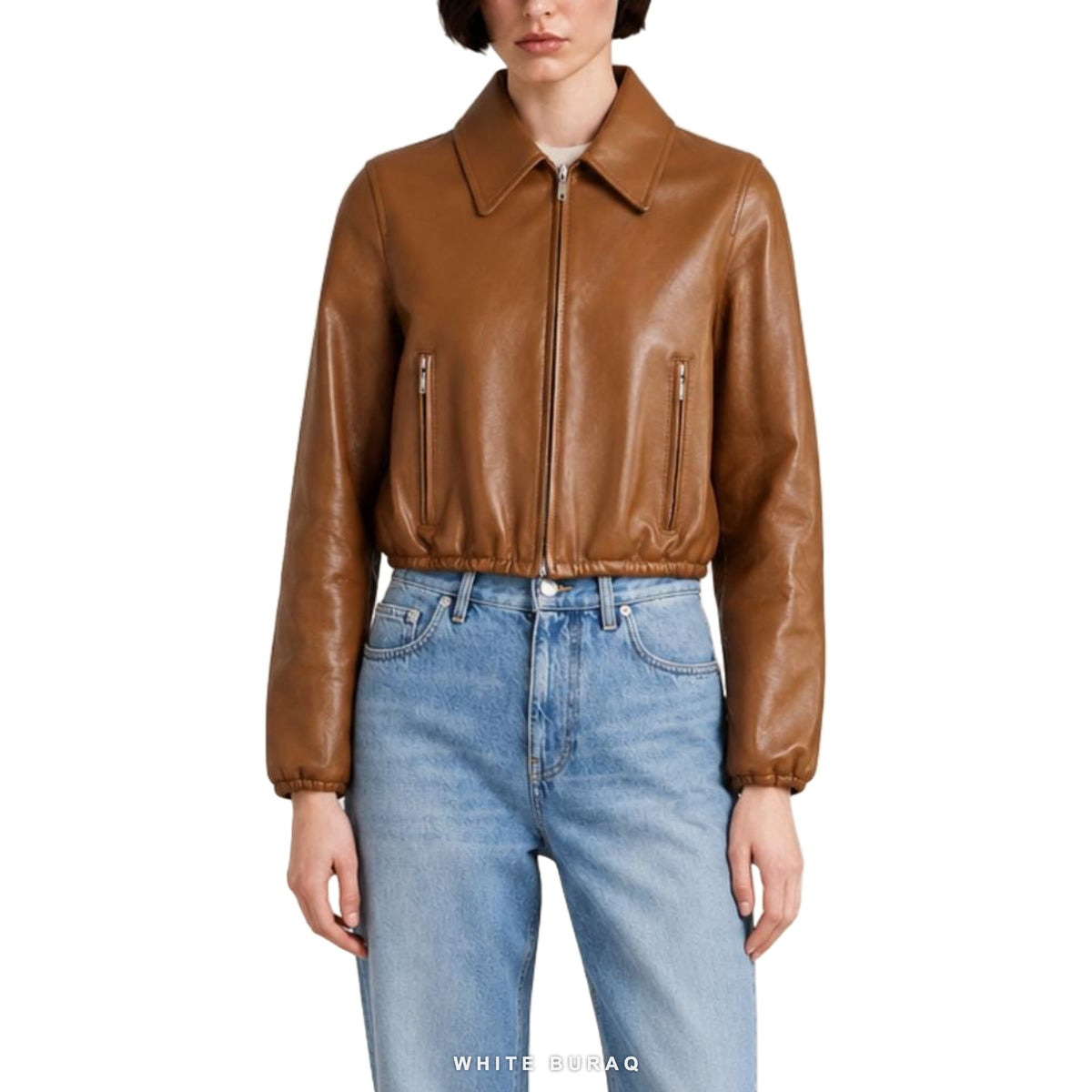 Women's Brown Sheepskin Cropped Zip Jacket