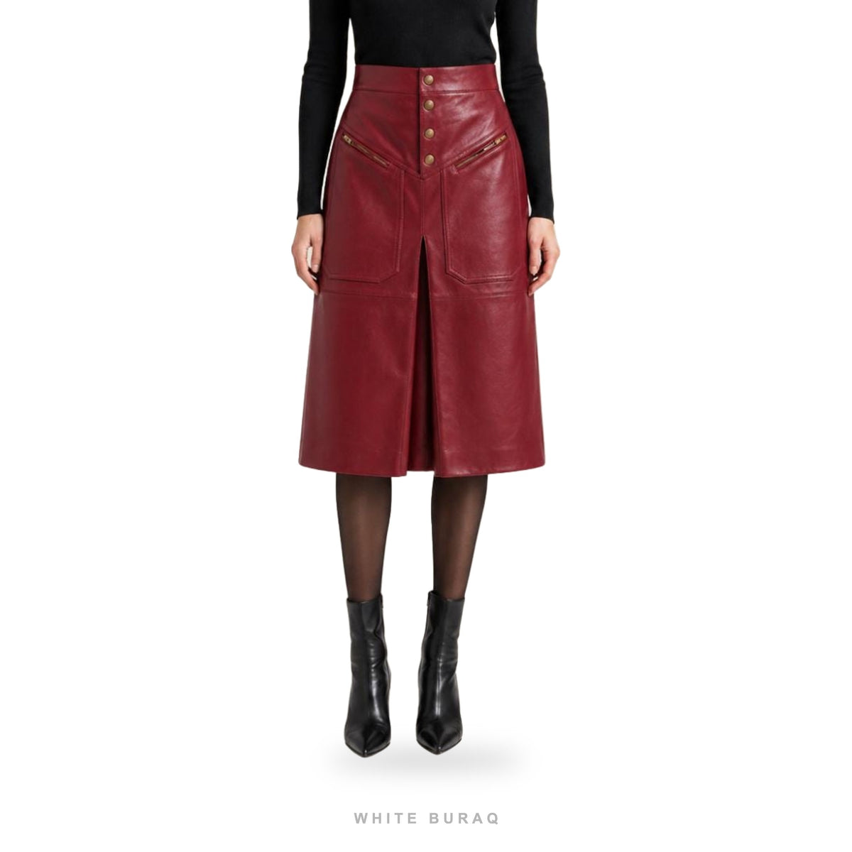 Women's Burgundy Sheepskin A-Line Midi Skirt with Front Slit