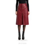 Women's Burgundy Sheepskin A-Line Midi Skirt with Front Slit