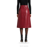 Women's Burgundy Sheepskin A-Line Midi Skirt with Front Slit – view 3