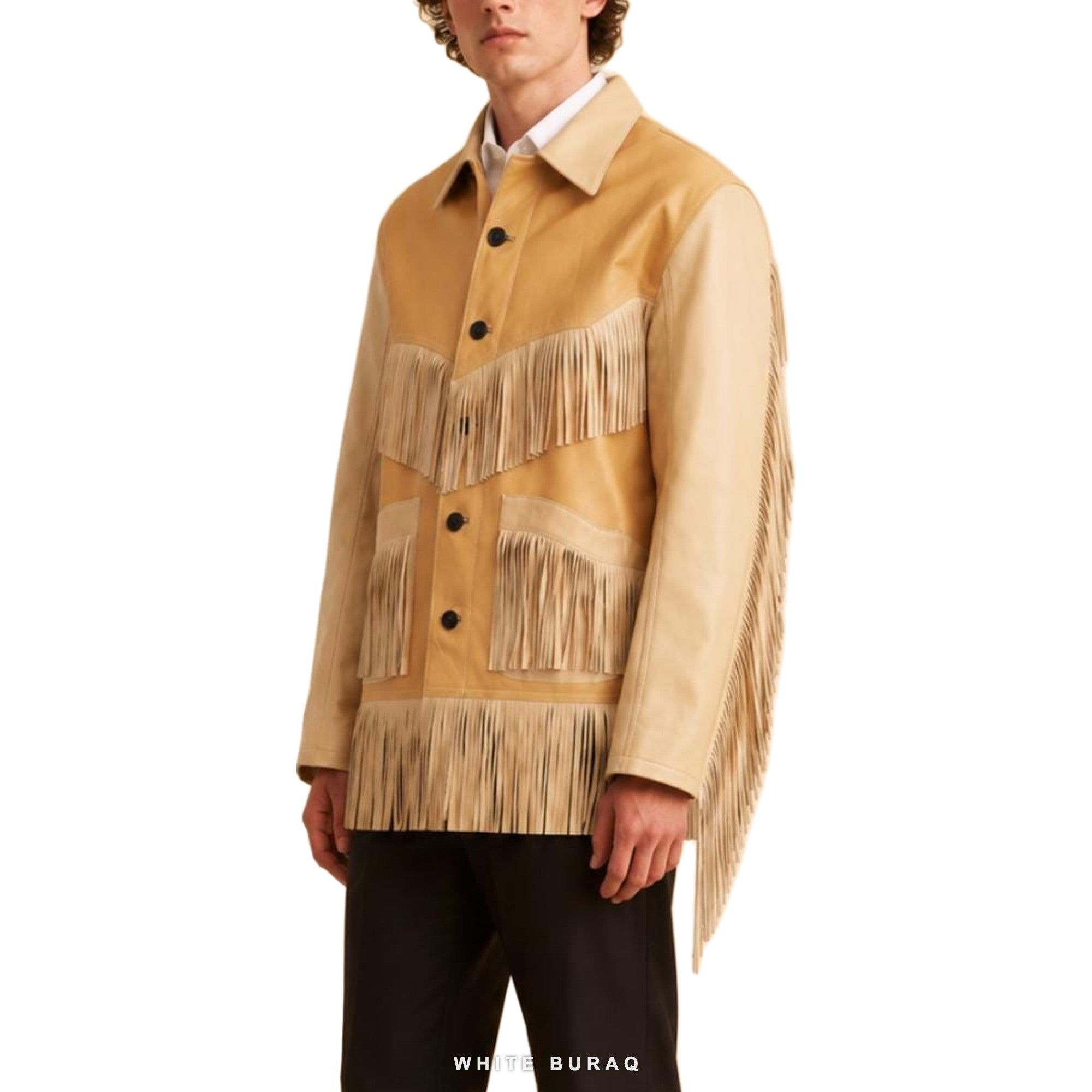 Men's Tan & Cream Leather Western Fringe Jacket – view 3