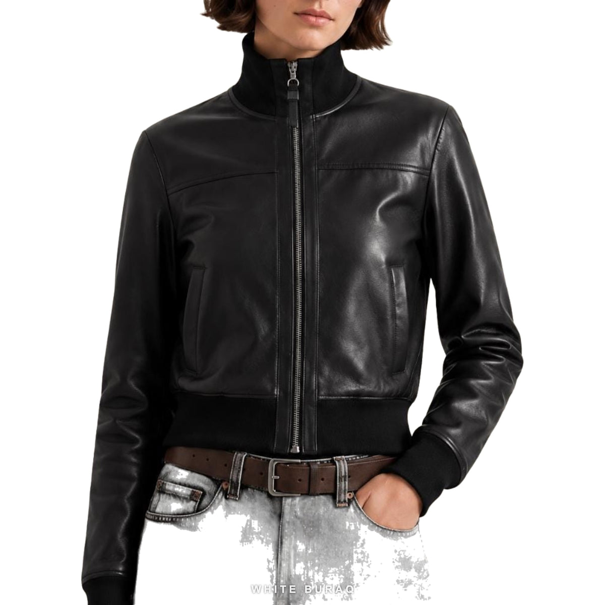 Women's Black Leather Cropped Stand-Collar Bomber