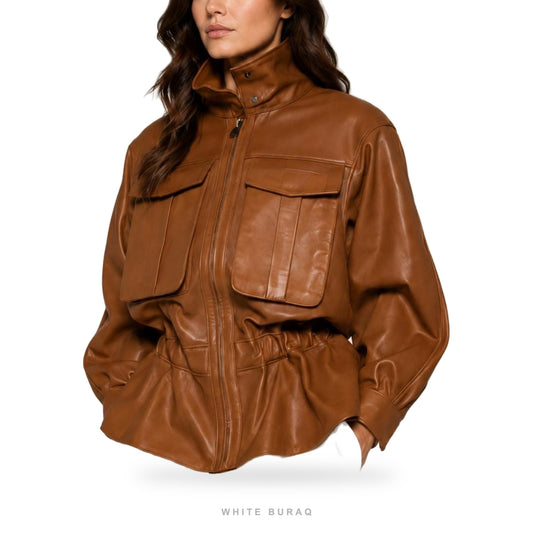 Women's Cognac Leather Cinched-Waist Cargo Jacket