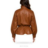 Women's Cognac Leather Cinched-Waist Cargo Jacket – view 2