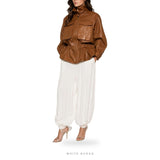 Women's Cognac Leather Cinched-Waist Cargo Jacket – view 3