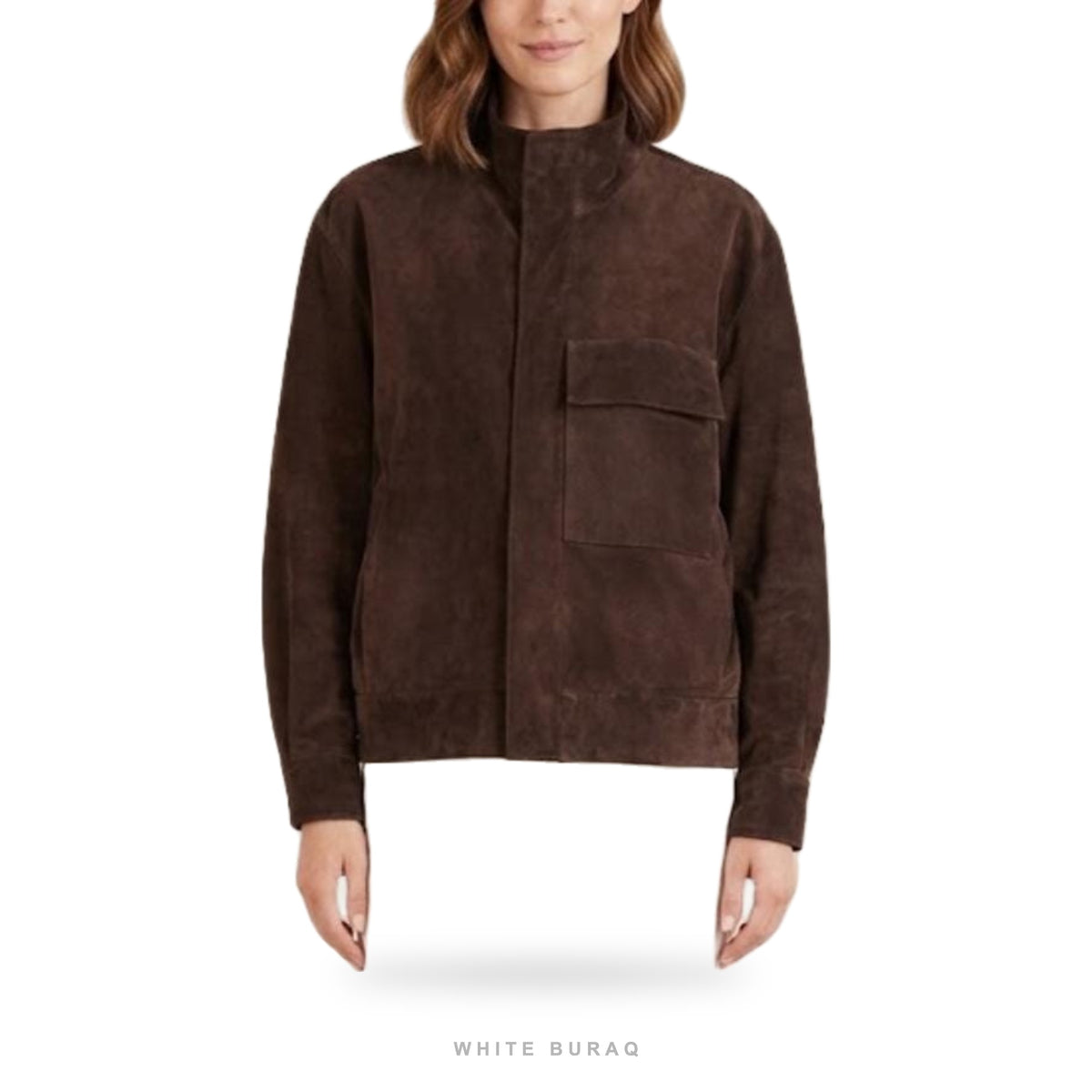 Women's Dark Brown Suede High-Collar Snap Jacket